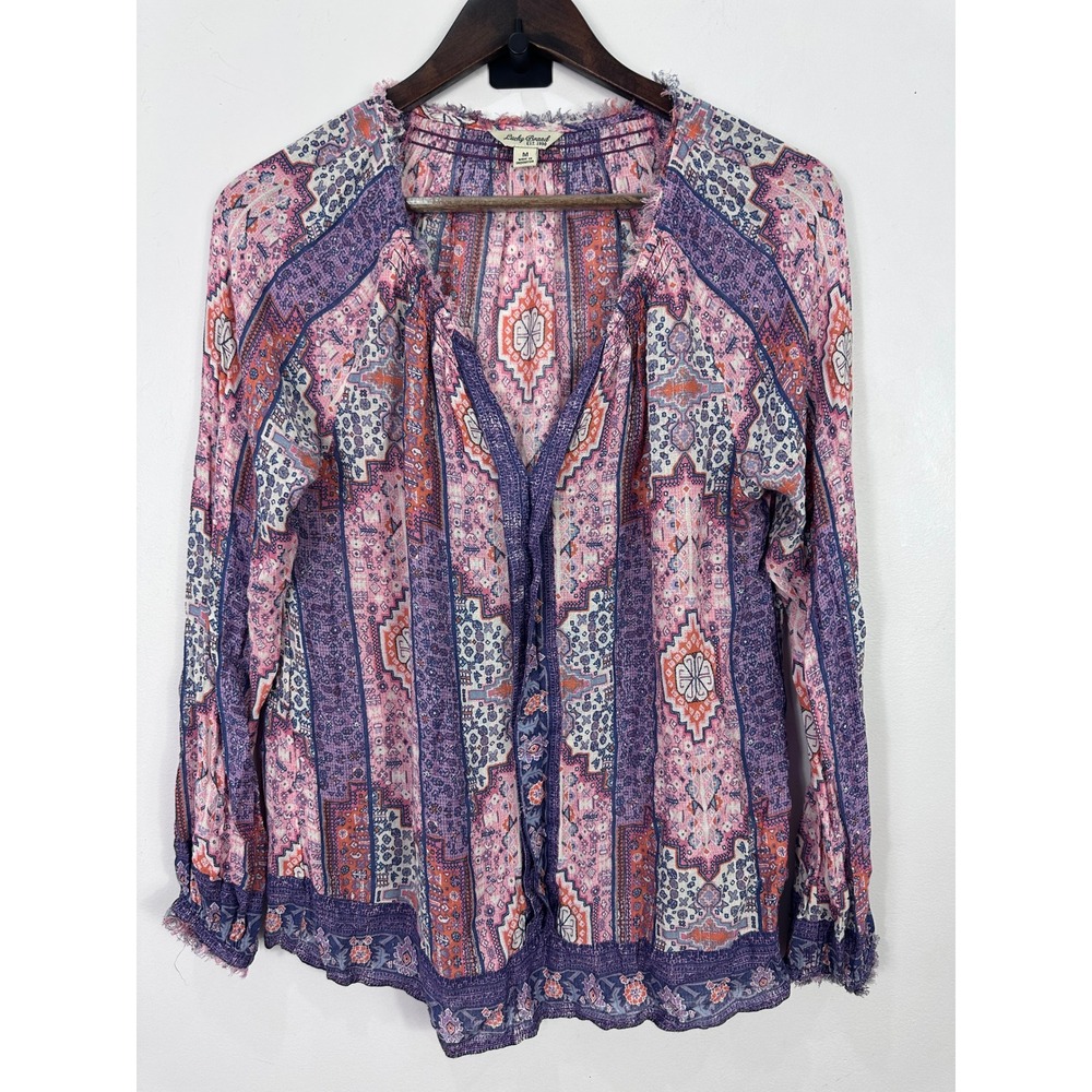Lucky Brand Blouse Women Medium Purple Pink Paisley Boho Peasant Long Sleeve Top